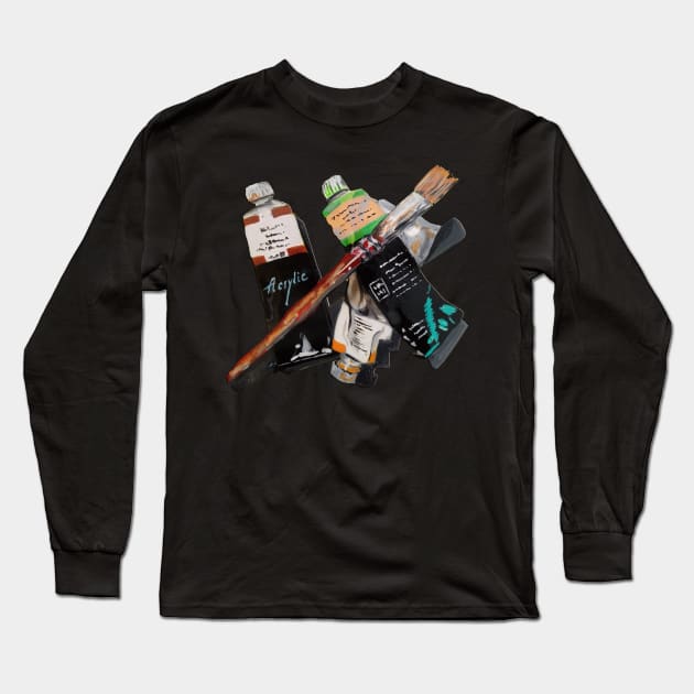 Paint tubes and Brush Long Sleeve T-Shirt by PaintingsbyArlette